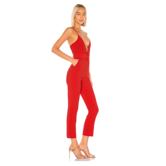 NBD Pants - Revolve NBD NEW Reagan Red Belted Sleeveless V Neck Straight Leg Jumpsuit Size M